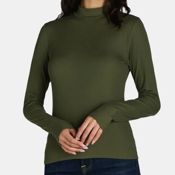 No Boundaries Tops - No Boundaries Green Ribbed Mock Neck Fitted Long Sleeve Top